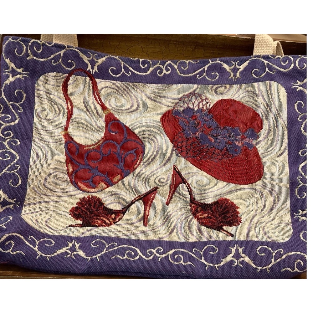 Vintage Woven Tapestry Tote Bag  Red Hat Shoes Handbag Purple Canvas Lined